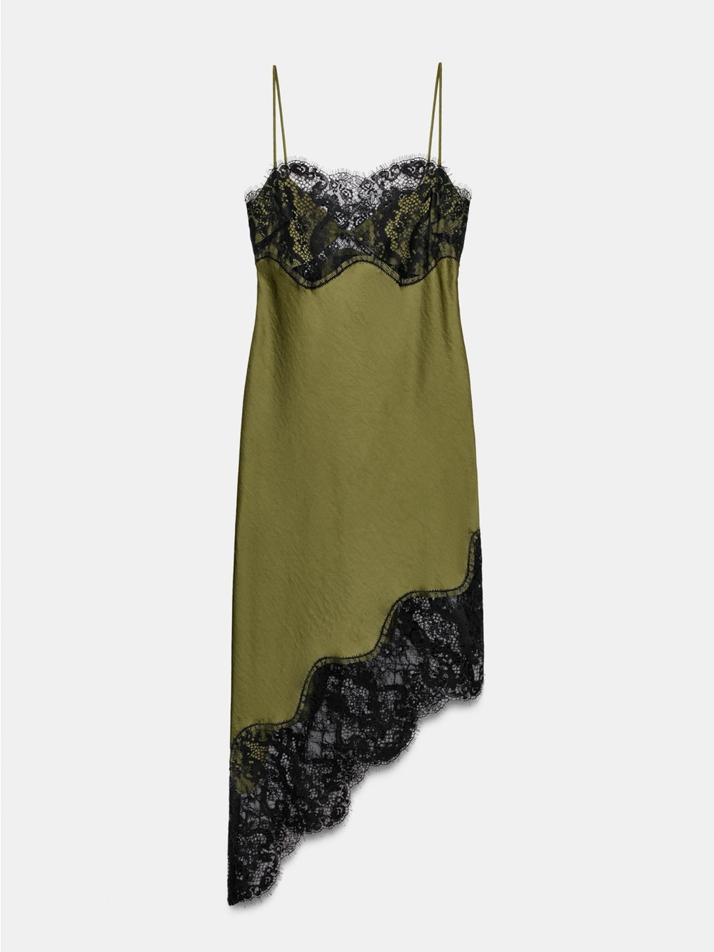 Zara Olive Green Slip Dress with Black Lace Trim